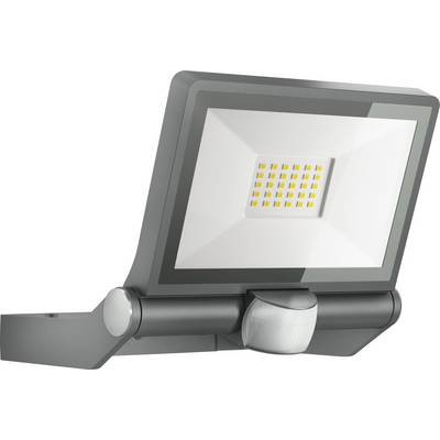 A rectangular LED floodlight with a grey housing and integrated motion sensor, suitable for outdoor lighting.