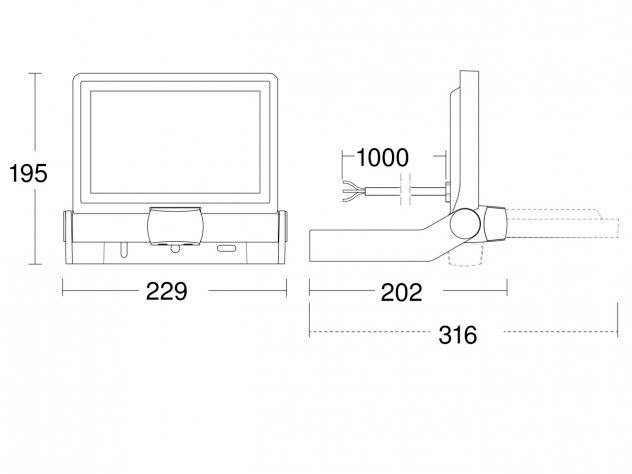 Technical Drawing of a Monitor with Dimensions in Millimetres: Height 195, Width 229, Depth 316, sketched from Front and Side Views.