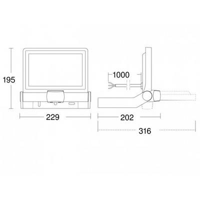 Technical Drawing of a Monitor with Dimensions in Millimetres: Height 195, Width 229, Depth 316, sketched from Front and Side Views.
