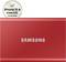 Red Samsung T7 external hard drive, compatible with iPhone 15 and macOS, represented by the symbol in the top left corner.
