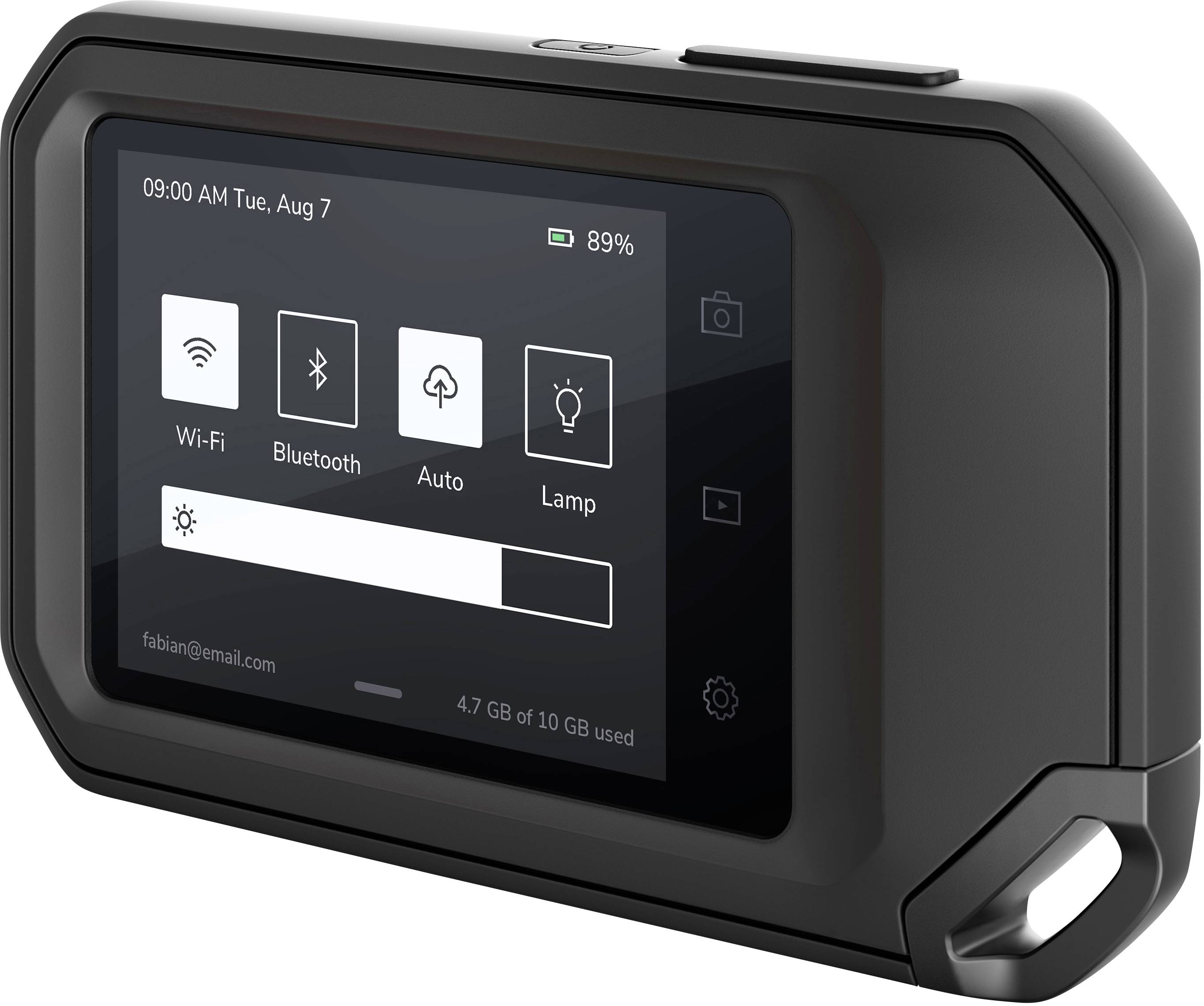 A portable electronic device with a screen shows connection options such as Wi-Fi, Bluetooth, and a battery charge of 89%.