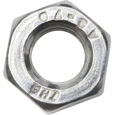 A silver hexagonal nut with slightly visible thread marks. Typically used for securing bolts.