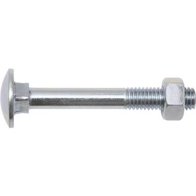 A metal bolt with a nut, positioned horizontally. The bolt has a smooth, round head and is intended for fastening purposes.