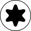 A black, six-pointed, star-shaped symbol in a circle on a white background.