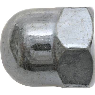 A metallic nut cover made of silvery material with a round head and hexagonal base, positioned on a white surface.