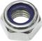 Metal hexagon nut with a blue nylon insert, often used as a locking nut to prevent loosening.