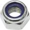 Hexagonal nut with blue plastic insert, providing enhanced grip and security.
