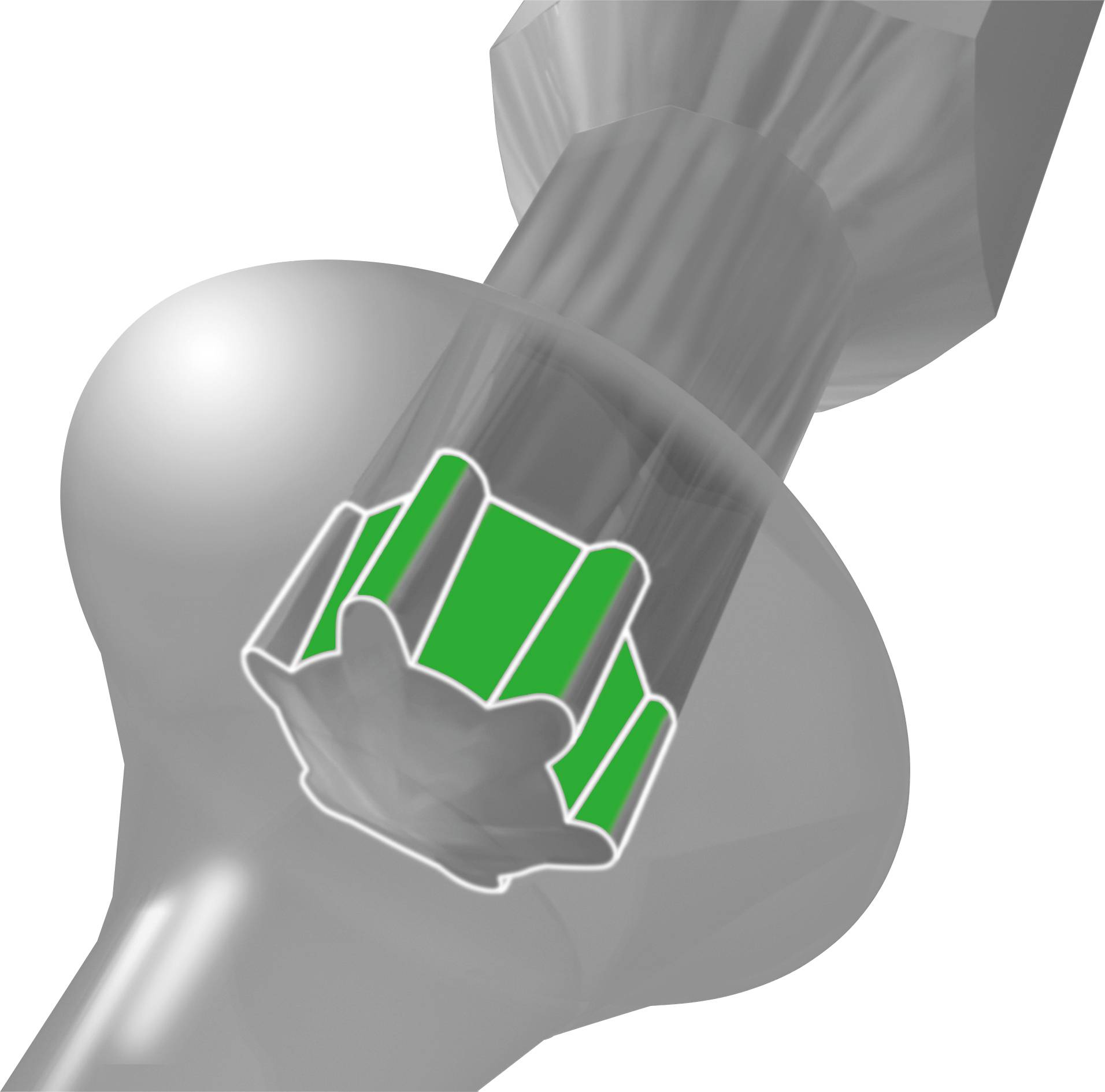 Figure of a grey spherical object with a green, serrated area in the middle. The context or purpose is unclear.