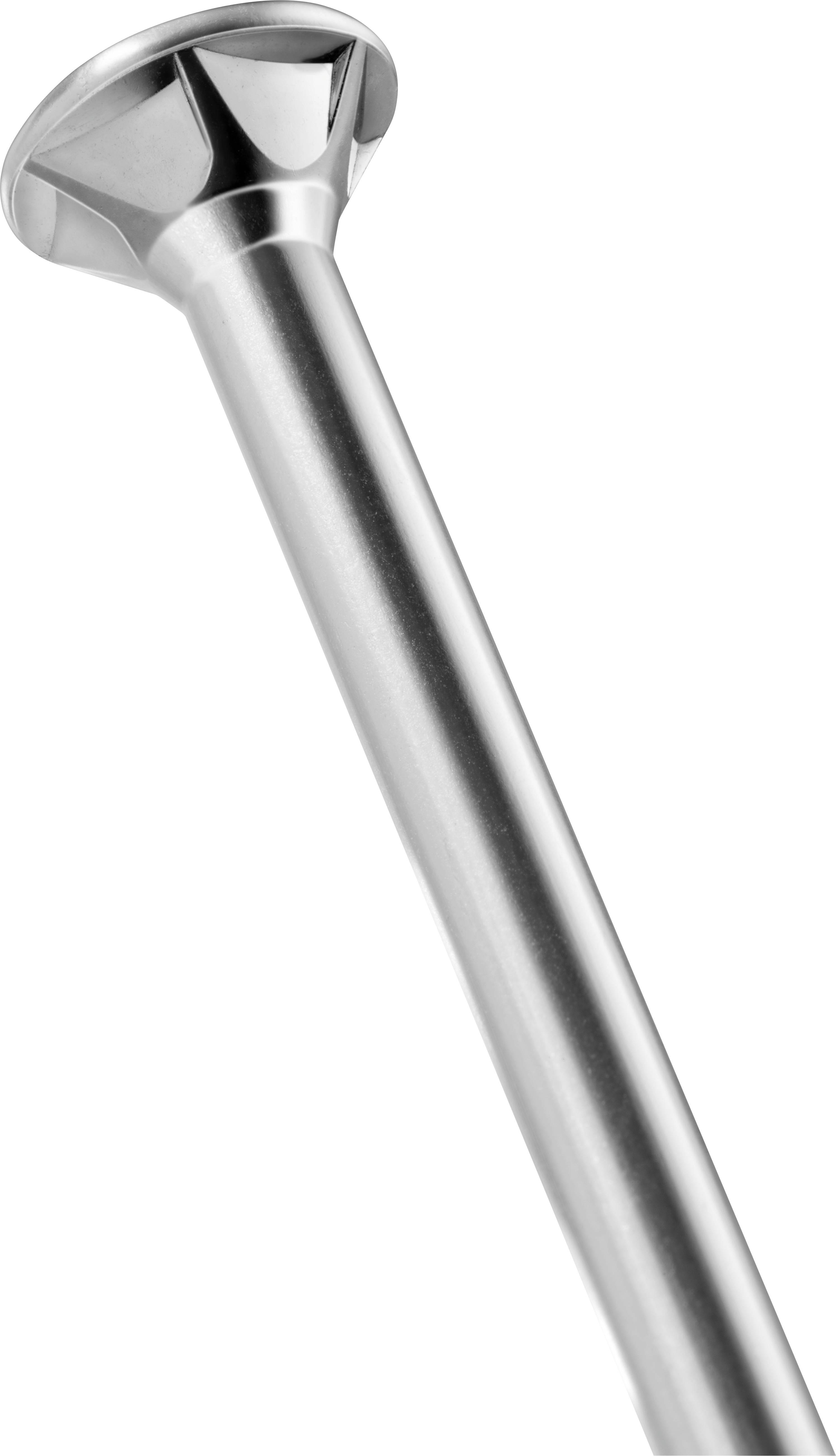 Silver cylindrical metal object with a conical tip.