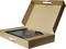 'An opened cardboard box with a laptop inside, wrapped in bubble wrap. Power cable to the side.'
