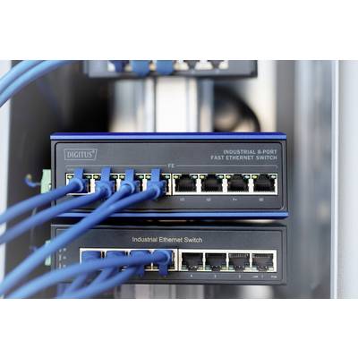 Two network switches with multiple inserted Ethernet cables; the upper switch is an 8-port Fast Ethernet switch, the lower one an Industrial Ethernet switch.