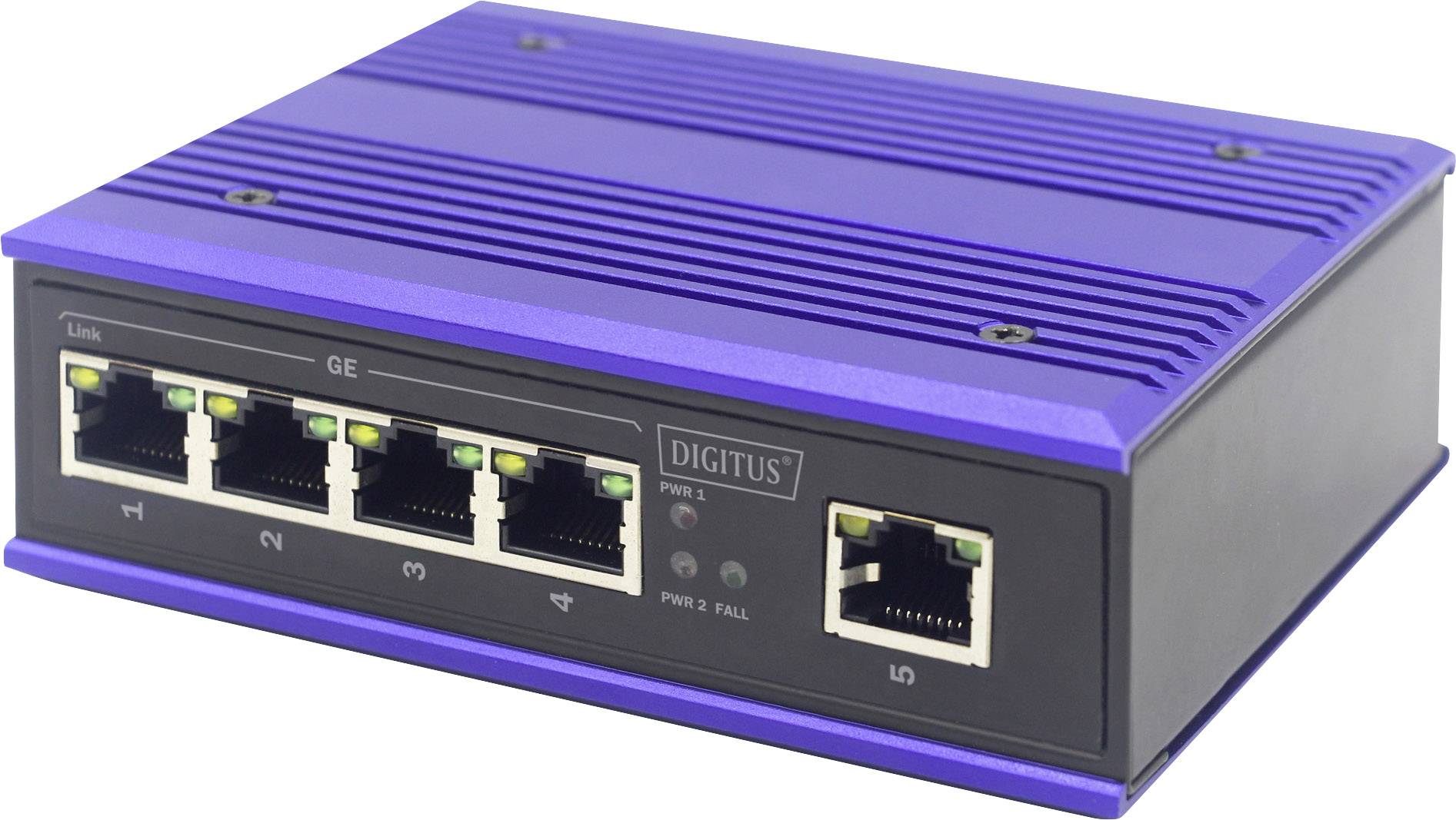 A blue network switch with five Ethernet ports on the front, labelled 'DIGITUS', displays operational status LEDs.
