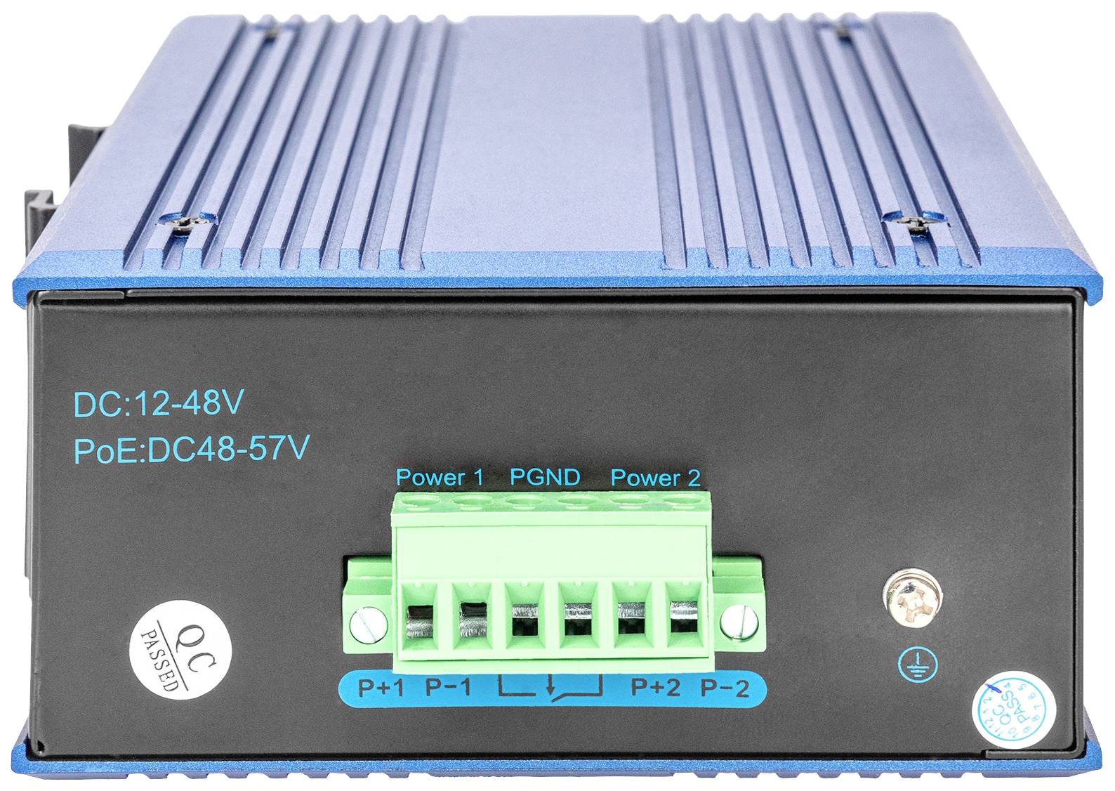 Industrial network switch in blue with green connection block, supports voltages from 12-48V and PoE: DC48-57V.
