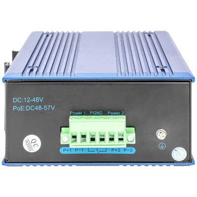Industrial network switch in blue with green connection block, supports voltages from 12-48V and PoE: DC48-57V.