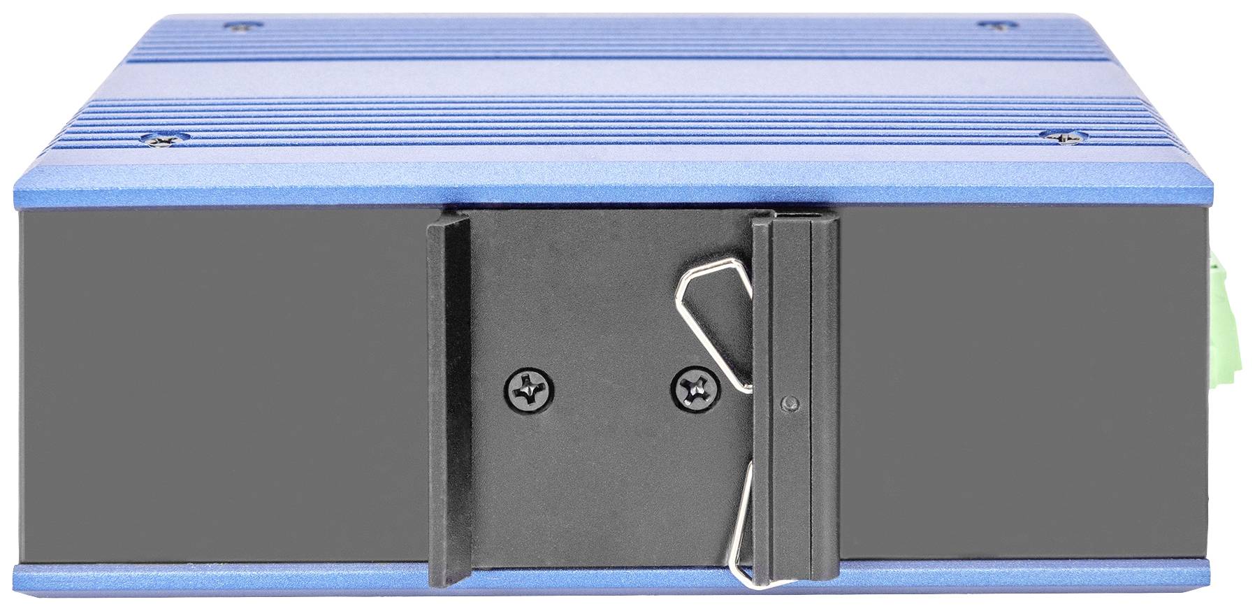 A closed, navy-blue electronic enclosure with heat sinks on top. It has a front panel with two screws and a metal clip.