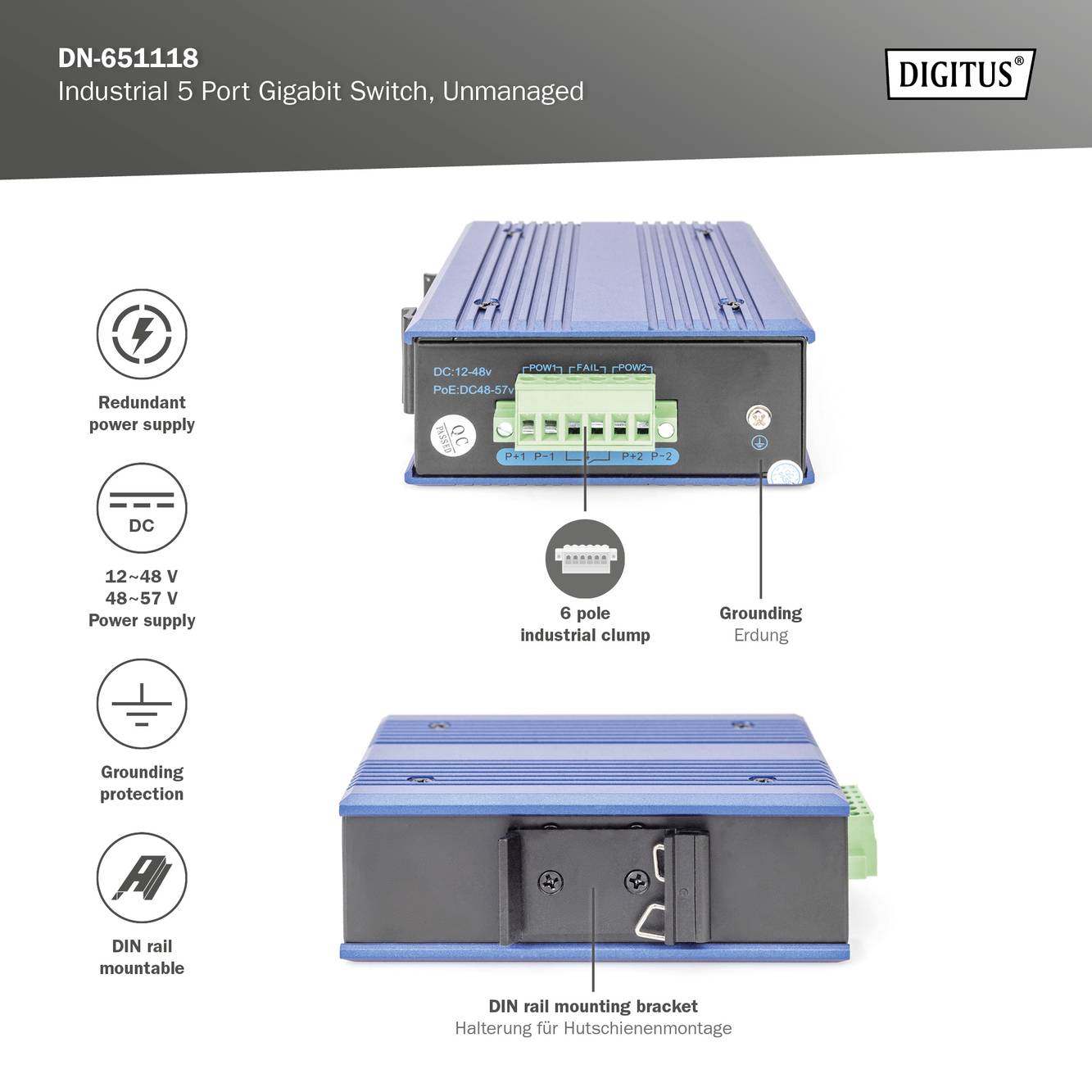 'DN-651118 Industrial 5 Port Gigabit Switch, Unmanaged' shows device with ports, description of technical features, and mounting options.