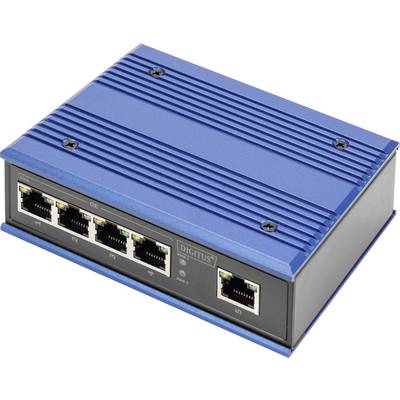 Blue network switch with five Ethernet ports on the front, suitable for industrial applications.