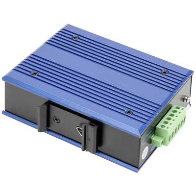 A rectangular, blue electronic device with ventilation grooves, a black base, and a green connection block on the right-hand side.