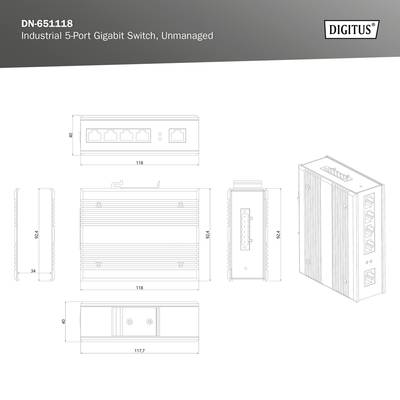 Industrial 5-port Gigabit switch, unmanaged. Drawing shows dimensions in mm: Length 118, Height 28, Depth 84. Model DN-651118.