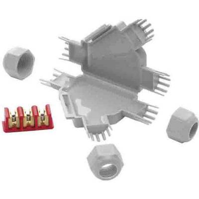 Plastic enclosure in the shape of an eagle with plug contacts and red terminals, surrounded by three screw caps.