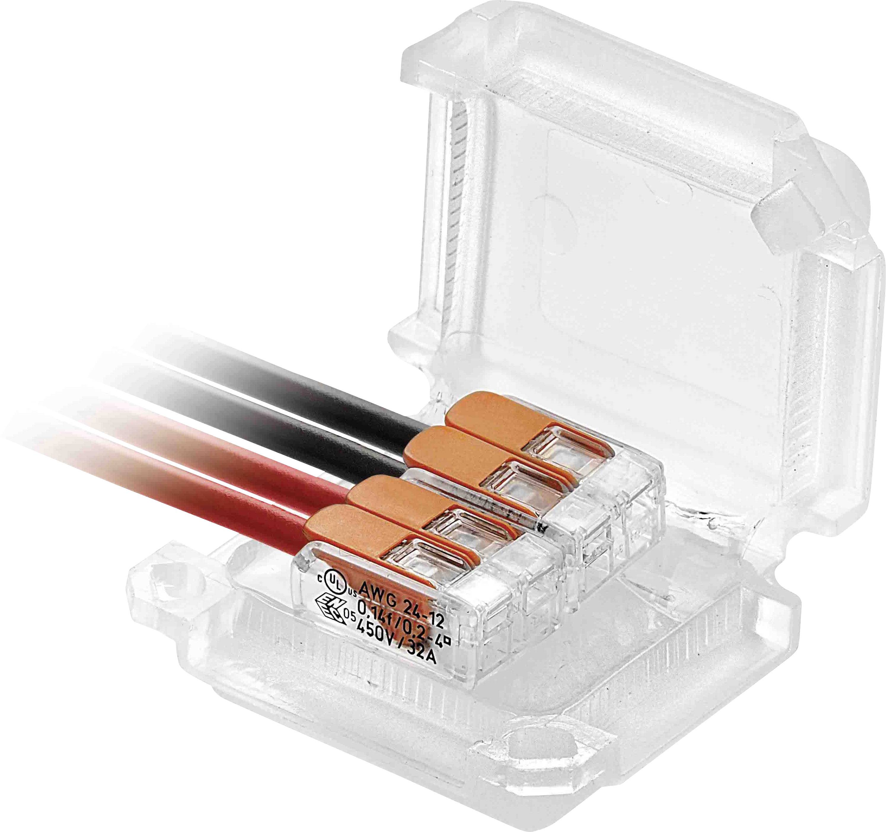 A translucent junction box with an open lid shows three cables connected with orange terminal blocks.