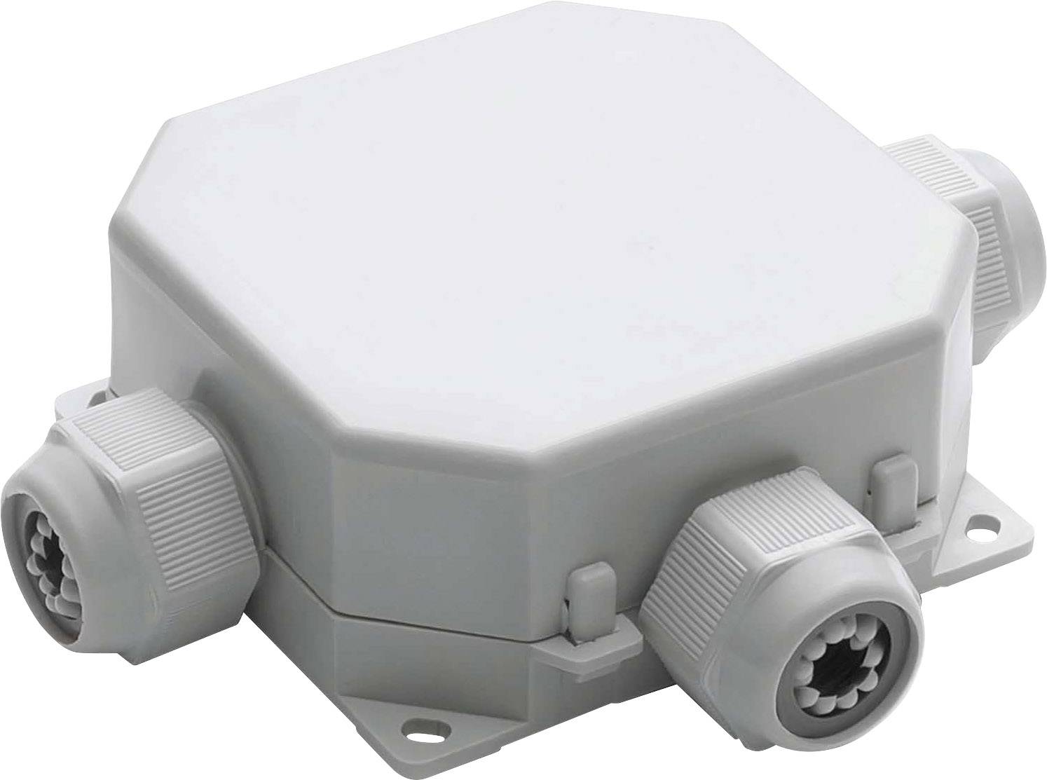 Grey, octagonal cable connector with three screw connections on the sides, suitable for use in electrical installations.