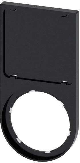 Black plastic component with a rectangular plate on top and a circular cutout at the bottom, serves as a mounting or fastening element.