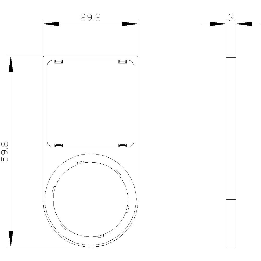 Technical drawing of a rectangular object with dimensions: 29.8 x 59.8 mm and 3 mm thick, showing front and side views.