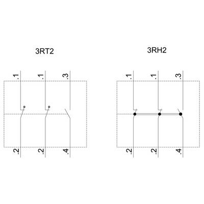 Circuit diagram shows two contacts: On the left '3RT2' with connections at 1, 2, 3; On the right '3RH2' with connections at 1, 2, 3, 4.