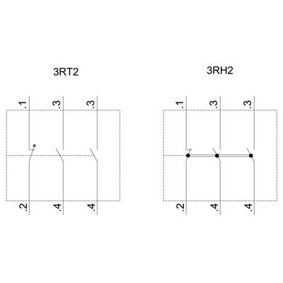 '3RT2' and '3RH2' show electrical circuit diagrams. On the left: a switch with three positions. On the right: a parallel connection with links between 2-4 and 3-3.