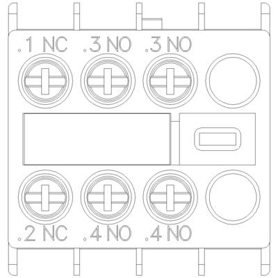 'Diagram of an electrical junction box with four terminals, labelled as .1 NC, .2 NC, .3 NO, .3 NO. Shows switching contact allocation.'