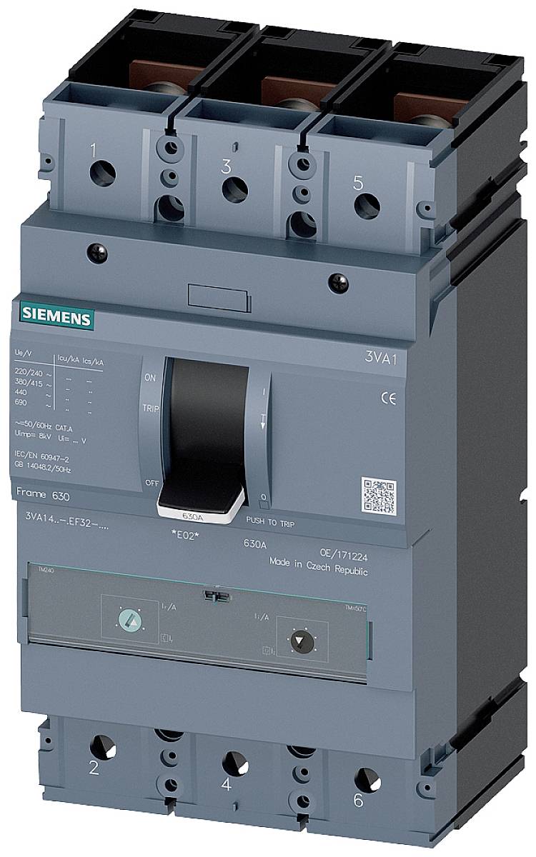 A Siemens circuit breaker, Model 3VA1, grey with a black lever, suitable for electrical protection applications, up to 630A.