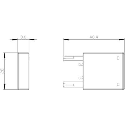 Technical drawing of a rectangular plug with dimensions: Width 8.6 mm, Length 46.4 mm, Height 28 mm. Side and front view.