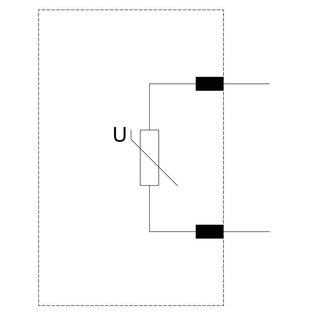 'Voltage circuit symbol': Symbol of a voltage source with two terminals on the right side, with a central rectangular shape and the label 'U'.