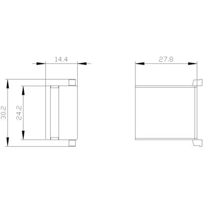 Technical drawing of a rectangular object, dimensions: left 14.4 x 24.2 cm, right 27.8 cm; height specification 30.2 cm.