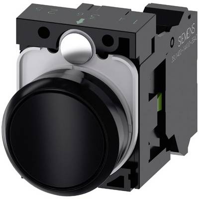 Black push button with silver rim by Siemens, suitable for industrial applications.