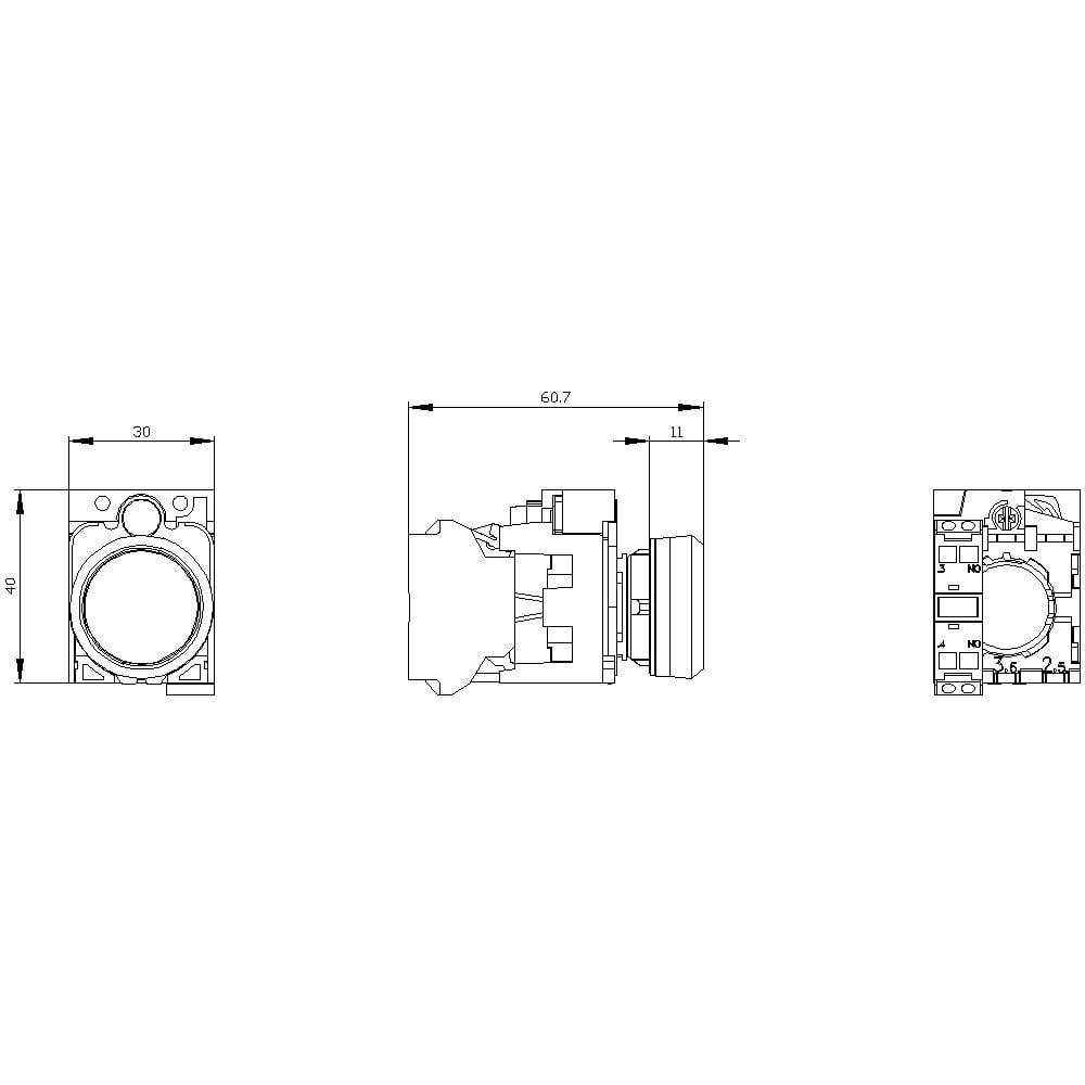 Technical drawing of a square component with dimensions 30x40 mm. Shows front, side, and rear views of the part with dimension specifications.
