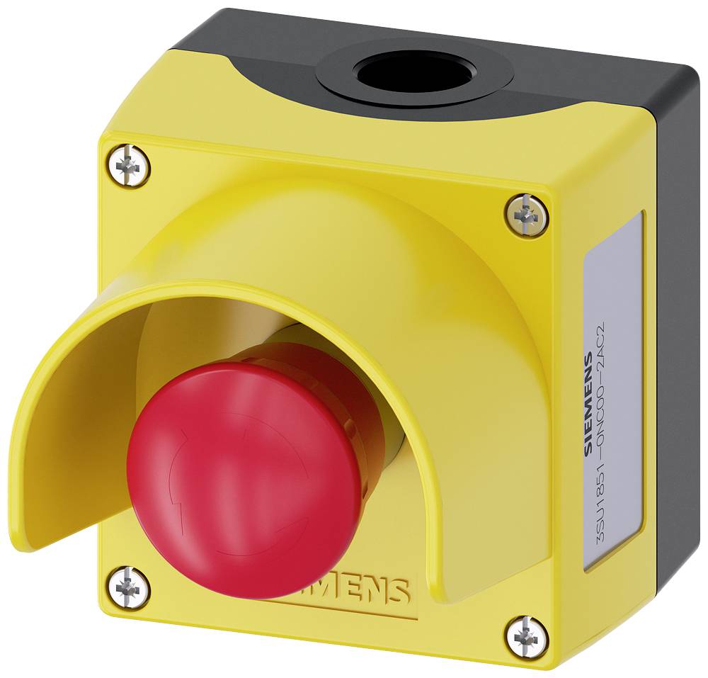 Yellow emergency stop switch with red button and protective cover.