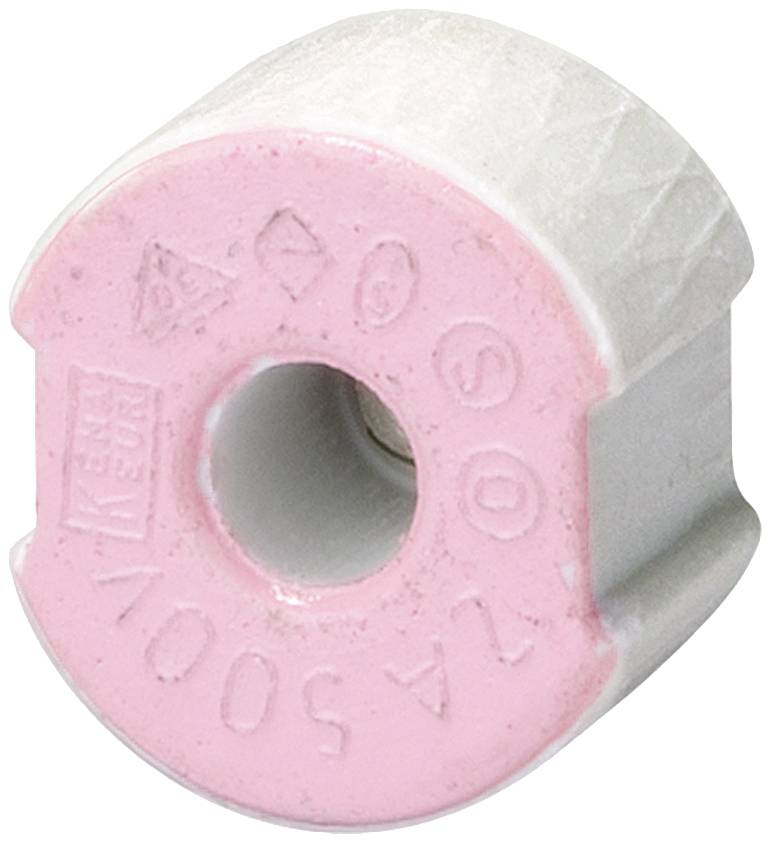 A white and pink ceramic fuse insert with embossed markings, cylindrical in shape, with a central aperture.