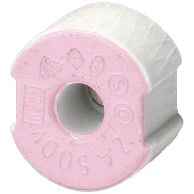 A white and pink ceramic fuse insert with embossed markings, cylindrical in shape, with a central aperture.