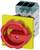 A yellow-red main switch with a rotary handle, suitable for industrial applications.