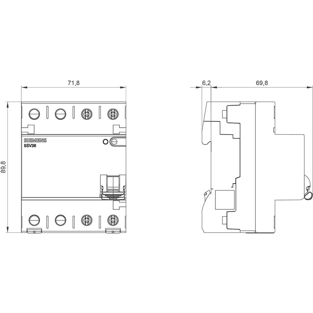 Technical drawing of a relay: Front and side view with dimensions in millimetres. Includes drill holes and technical details.