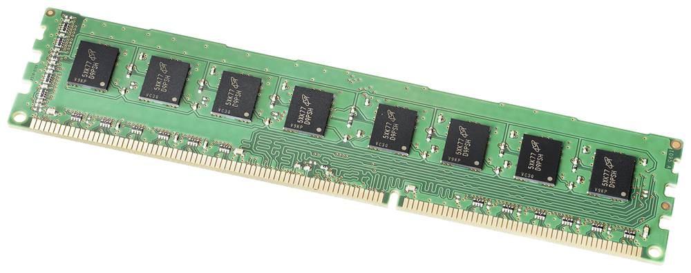 A green RAM memory module with multiple black chips on its surface. Designed for expanding computer memory.