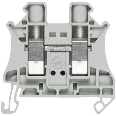 Grey, symmetrical electrical terminal block profile with metallic contacts in the centre.