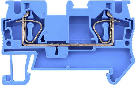 'Cross-section of a blue electrical terminal block housing with visible metal elements for wiring.'