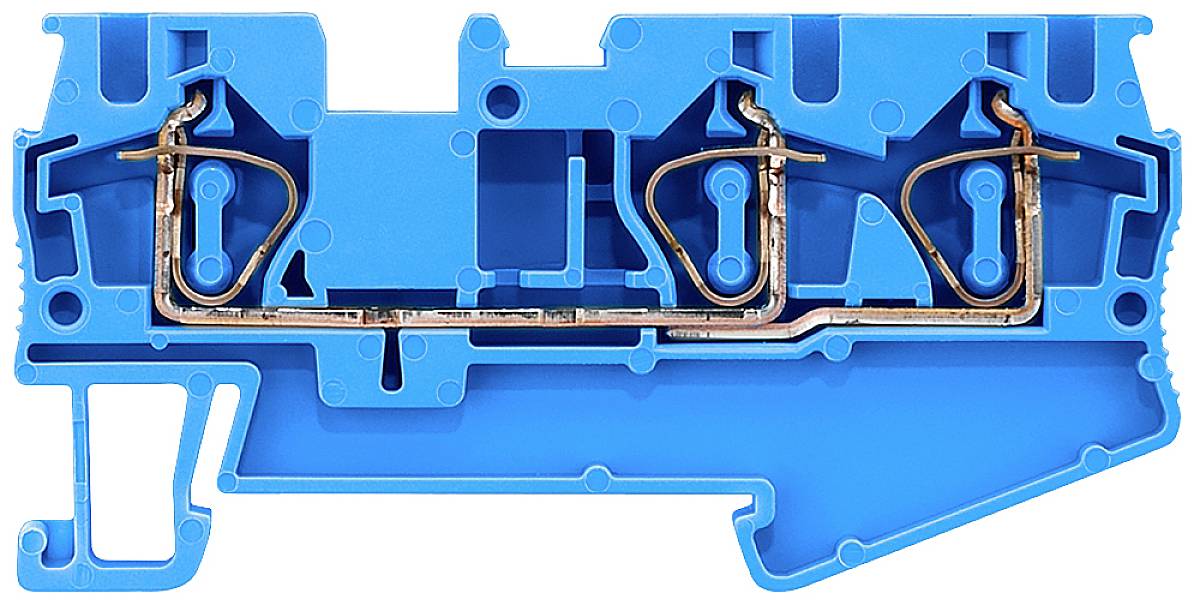 A blue electrical terminal block with multiple connections and wires for linking cables within an electrical cabinet.