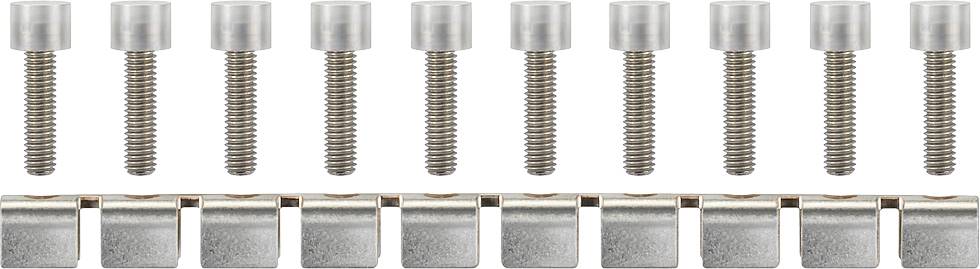 Twelve metal bolts with upper fixing elements, vertically aligned and arranged one above the other.