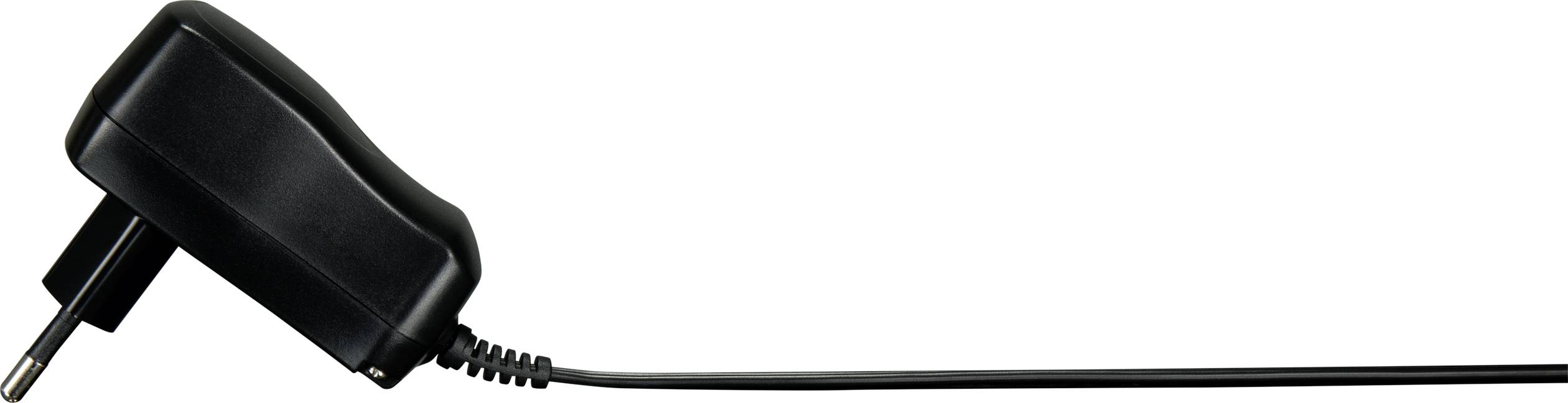 Black power adapter with cable and plug, lying horizontally; used for charging electronic devices.