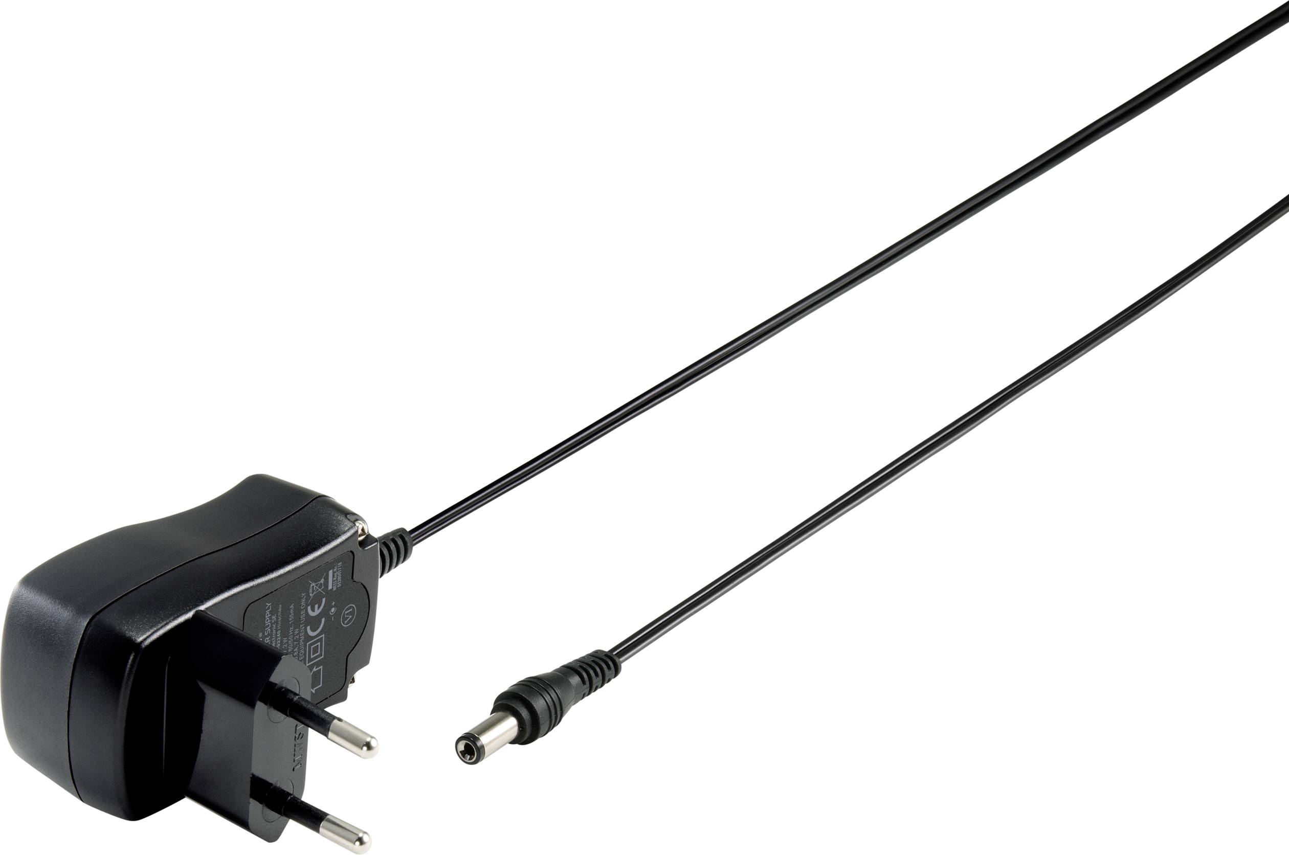 Black power adapter with cable and round plug, suitable for European power sockets. Ideal for powering smaller devices.