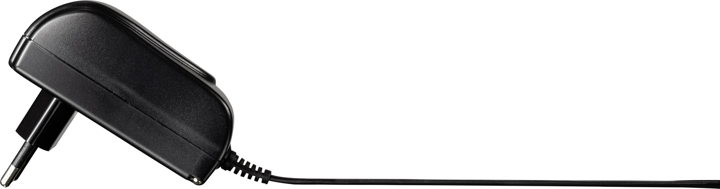 A black mains charger with a long cable used for powering devices.